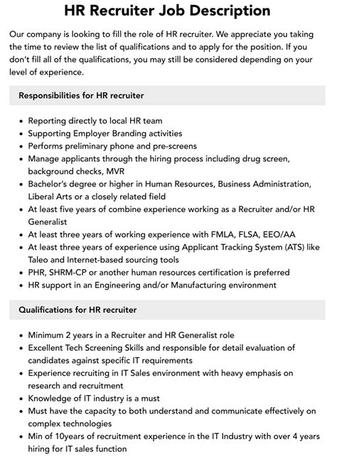 Hr Recruiter Job Description Velvet Jobs