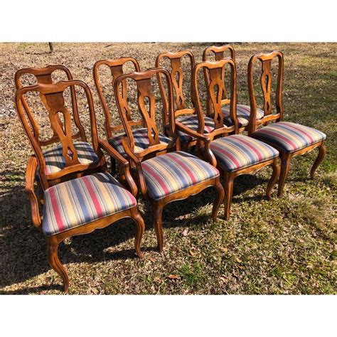 Two armchairs and four side chairs each feature a curved backrest with vertical. French Country Provincial Ethan Allen Dining Room Set - 9 ...