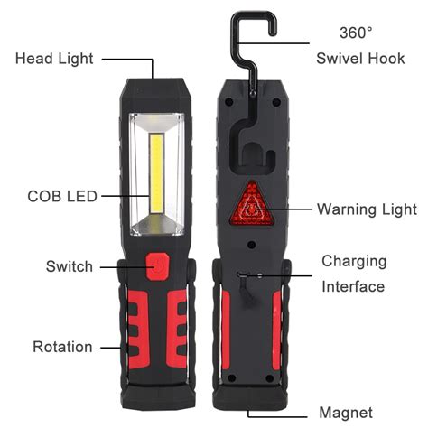 Cob Led Flashlight Magnetic Rechargeable Work Light 3 Modes 360 Degree