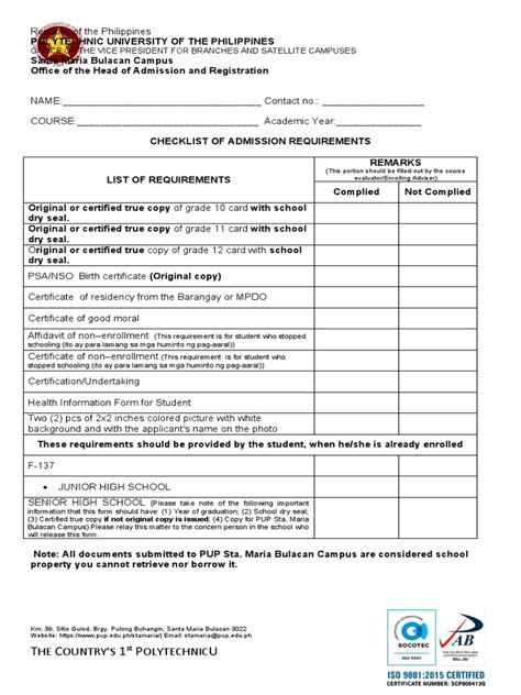Attachment 1 Incoming Freshman Checklist Of Requirements Templates