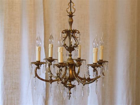 Exquisite Vintage Italian 6 Arm Gilded Brass And Crystal Chandelier