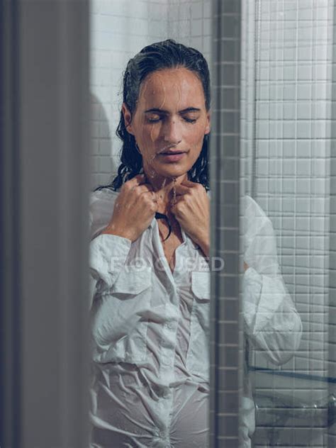 Woman Dressed Wet Standing In Shower Under Spraying Water Attractive