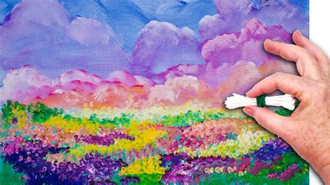 No Brushes Colorful Sky And Field Of Flowers Painted In Acrylic Step By