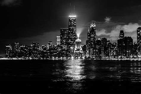 Hd Wallpaper Black And White Chicago City City Lights Lake