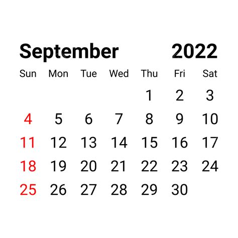 September Calendar Vector Art Png September 2022 Simple Calendar Png