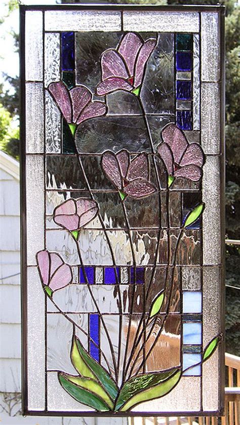 Pink Poppies Over Geometric 15 X 26 Stained Glass Window Panel