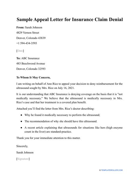 Sample Appeal Letter For Insurance Claim Denial Download Printable Pdf