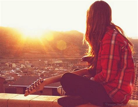 Sad Alone Cute Girl Playing Guitar Sunset