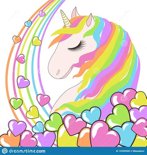 Download White Unicorn With Rainbow Hair And Hearts Vector Illustration For Children Design Stock Vector ...