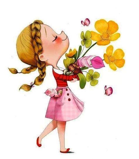 Little Girl Holding Flowers Cartoon Art Menina Mulher Desenhos