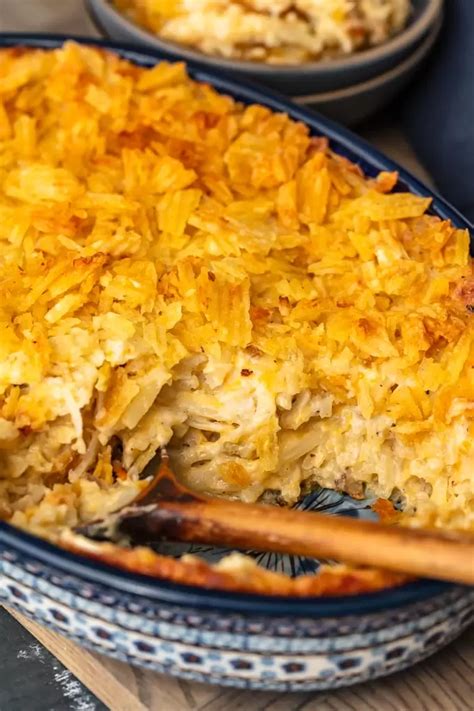 Top cheese evenly with chips. cheesy potato casserole topped with potato chips | Cheesy potato casserole, Potatoe casserole ...