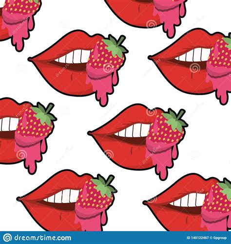 Pattern Female Mouth Dripping With Strawberry Stock Vector