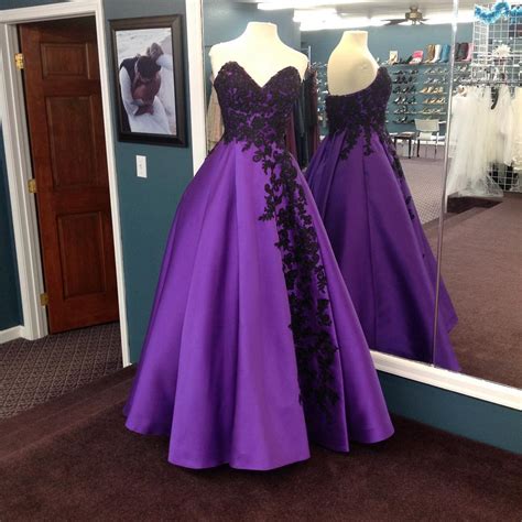 Purple Ball Gownsblack Lace Appliques Dresssweetheart Prom Dress