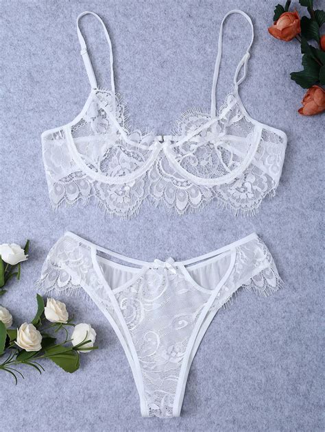 1084 Underwire Sheer Lace Bra And Panty White Belle Lingerie