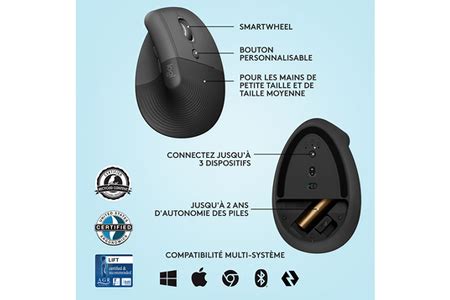 Souris Logitech Lift Ergonomique Verticale Sans Fil Silencieuse