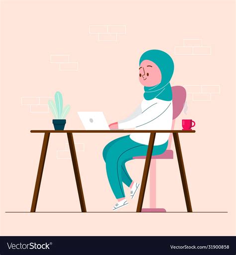 Happy Hijab Woman Finish Work On Laptop Royalty Free Vector