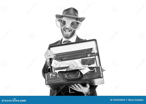 Become a Millionaire. Happy Banker Hold Suitcase with Money