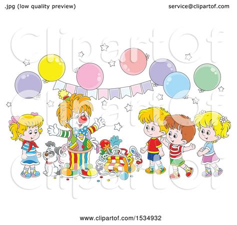 Clipart Of A Clown Entertaining Kids At A Birthday Party Royalty Free