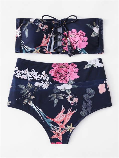 Flower Print Lace Up Bandeau Bikini Set | Bandeau bikini set, Bandeau bikini, Bikini set