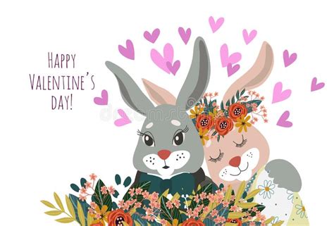 Couple Of Rabbits In Love Close Up With Flowers And Hearts Isolated On