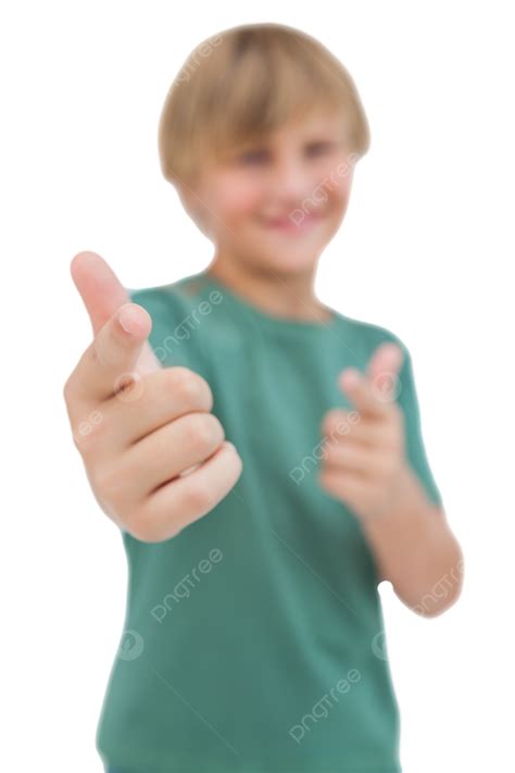 Blonde Boy Giving Thumbs Up And Pointing Short Hair Smiling Giving