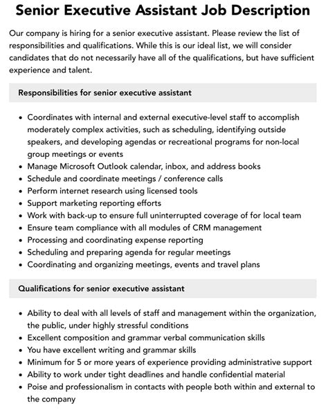 Senior Executive Assistant Job Description Velvet Jobs