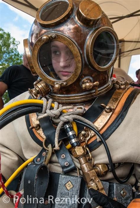 Woman In Heavy Gear Ready To Go Underwater Diving Helmet Diving