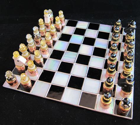 Stained Glass Chess Board And Steam Punk Copper Chess Pieces
