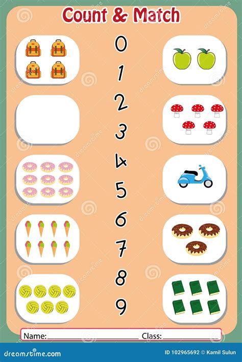 Match The Numbers To The Objects Worksheet For Preschool Stock Vector