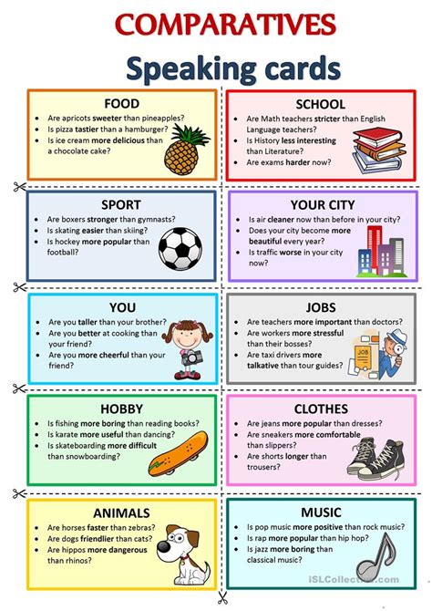 A easy sheet to practice comparatives, superlatives and adjectives. Comparatives- Speaking cards - English ESL Worksheets for distance learning and physical classrooms