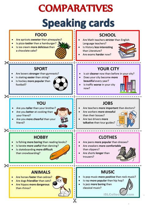Action worksheets, adjectives worksheets, adverb worksheets and much. Comparatives- Speaking cards - English ESL Worksheets for distance learning and physical classrooms