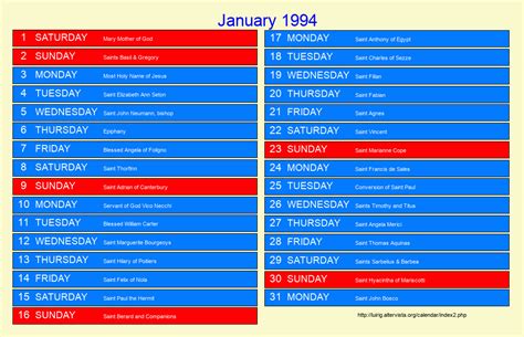 Calendar april 1994 how old are you, if you were born in april 1994? January 1994 - Roman Catholic Saints Calendar