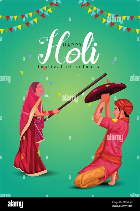 Happy Holi Indian Festival Women Beat Up Men With Long Sticks As A