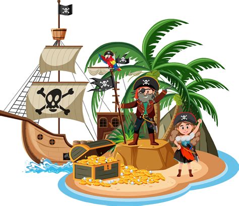 Pirate Ship On Island With Pirates Cartoon Character Isolated On White Background Vector