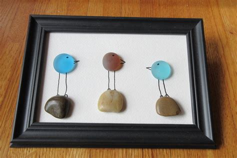 Sea Glass Pebble Art Picture Three Birds On The Rocks Etsy