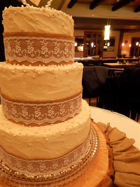 Burlap And Lace 3 Tier Wedding Cake