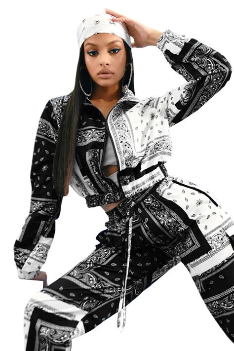 Bandana Print Two 2 Piece Set Women Fitness Sweatsuit Zipper Up