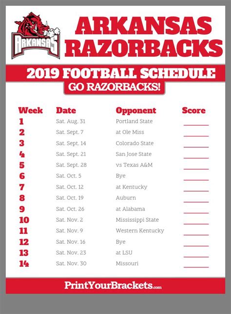 Arkansas Razorbacks Football Schedule Calendar