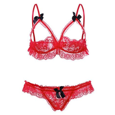 Sexy Open Cup Temptation Hollow Out Lace Bowknot Bra Sets For Women