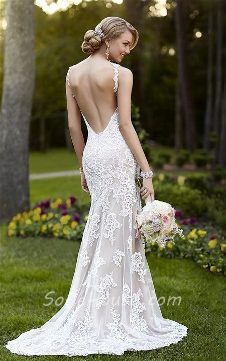Fitted Mermaid Backless Champagne Satin Ivory Lace Wedding Dress With Straps