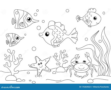 Coloring Of Underwater World. Aquarium With Fish, Octopus, Corals