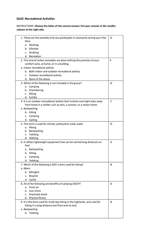 Quiz Recreational Activities Quiz Recreational Activities