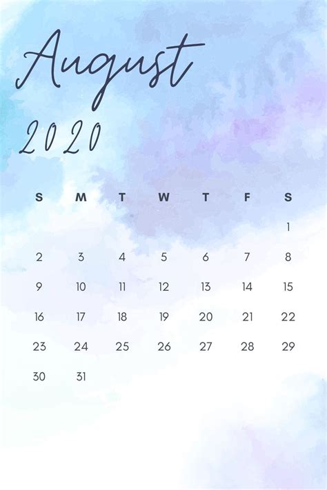 August 2020 Watercolor Calendar Printable Download For House And Office