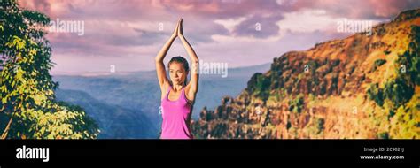 Yoga Retreat In Kauai Nature Panoramic Banner Asian Girl Practicing Meditation Outdoors In