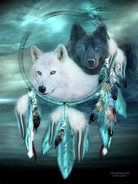 Dream Catcher White Wolf Black Wolf Art Print By Carol Cavalaris