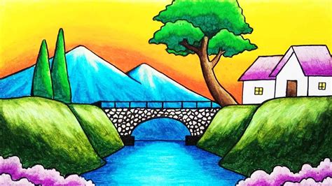 How To Draw Easy Scenery Of Mountain Bridge And River Step By Step