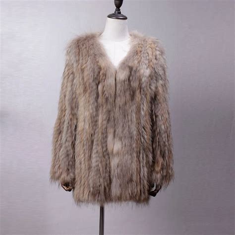 Fur Story 17104 Women Knitted Real Raccoon Fur Coat Winter Warm V Neck