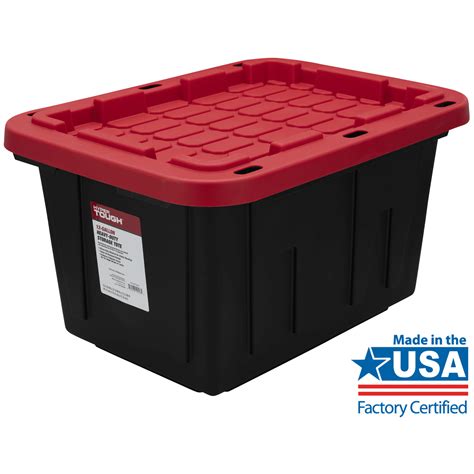 Hyper Tough 12 Gallon Snap Lid Stackable Plastic Storage Tote Black Base Red Lid