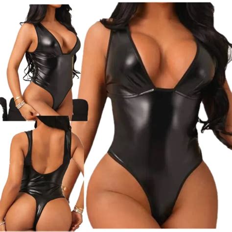 Women S Sexy Faux Leather Wetlook Bodysuit Backless One Piece Leotard
