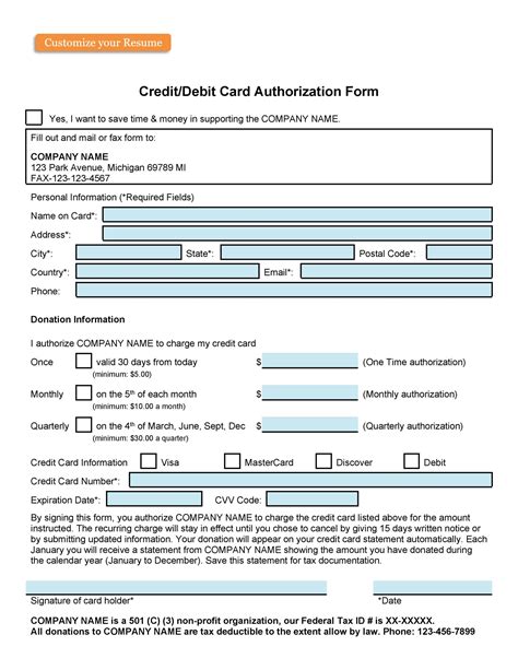 Free Credit Card Authorization Template Printable Templates